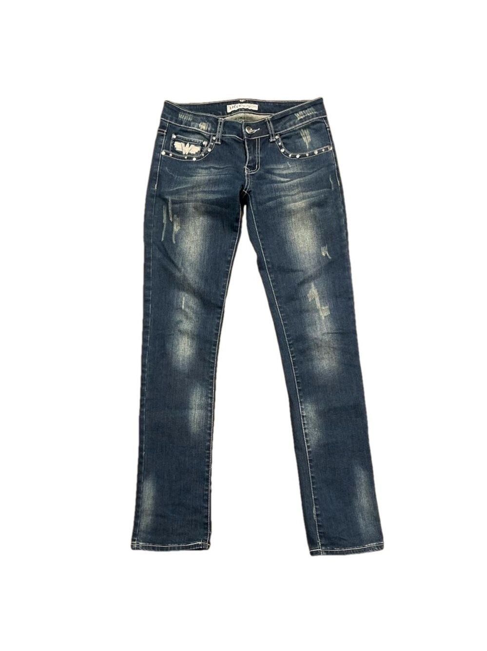 Liuce’s Jeans 3 x 31.5” rhinestones & rivets in distressed low rise slim jeans